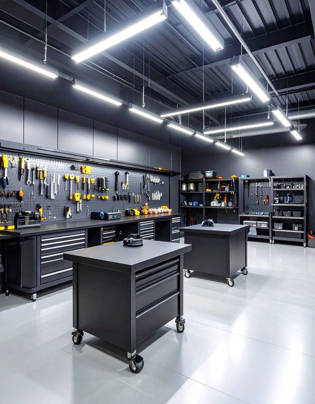 Black Workshop with Integrated Tool Wall - 25 Black Garage Ideas