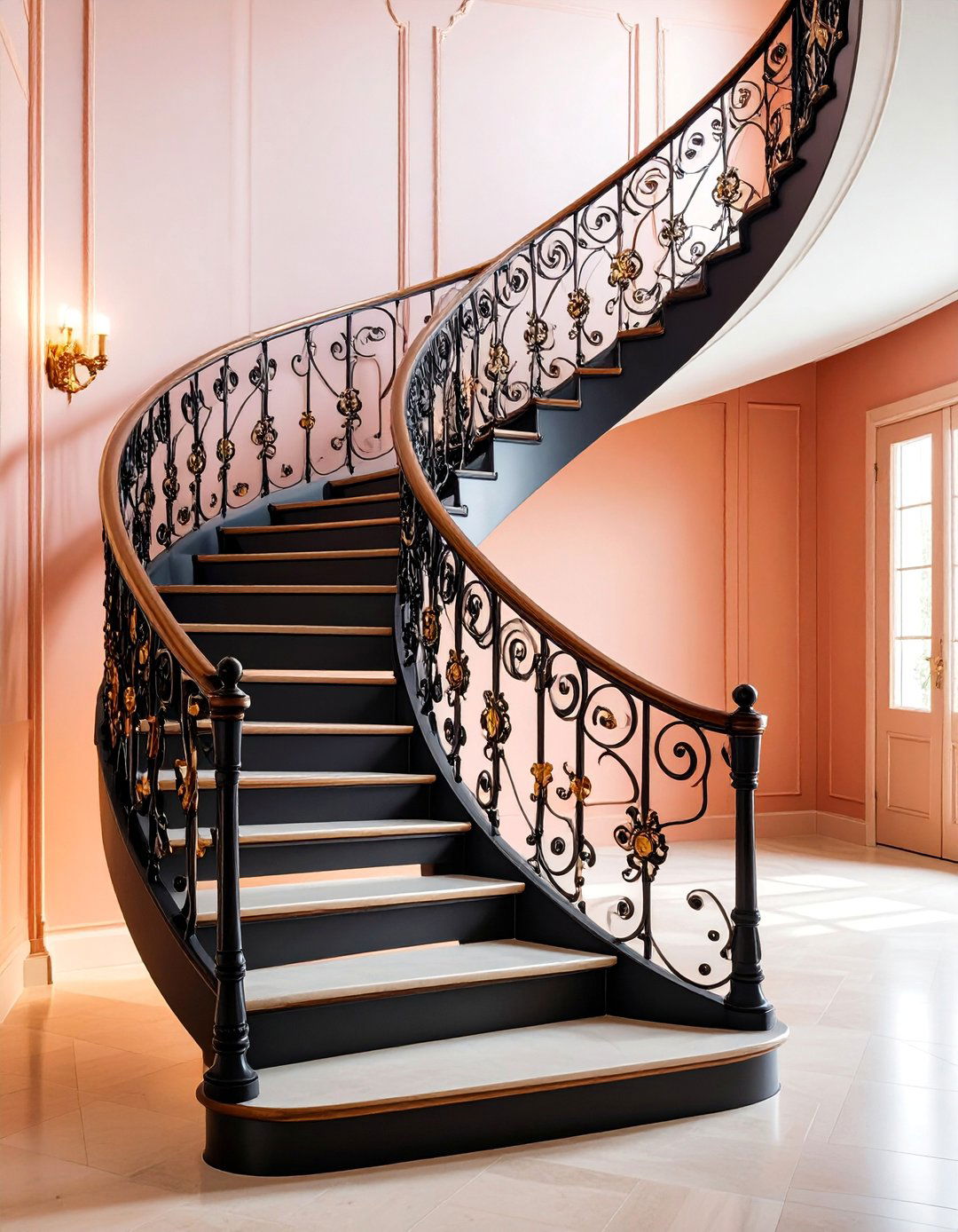 Black Wrought Iron Curved Staircase Design - 25 black staircase ideas