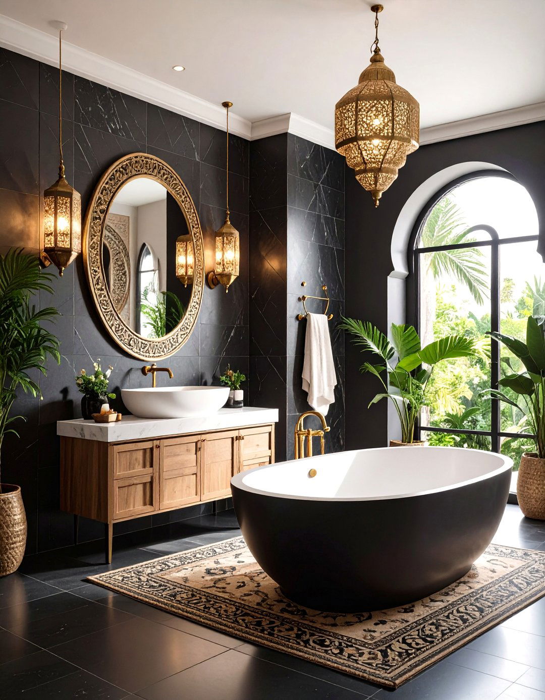 Black Zellige Bathroom with Moroccan Influences - 25 Dark Bathroom Ideas