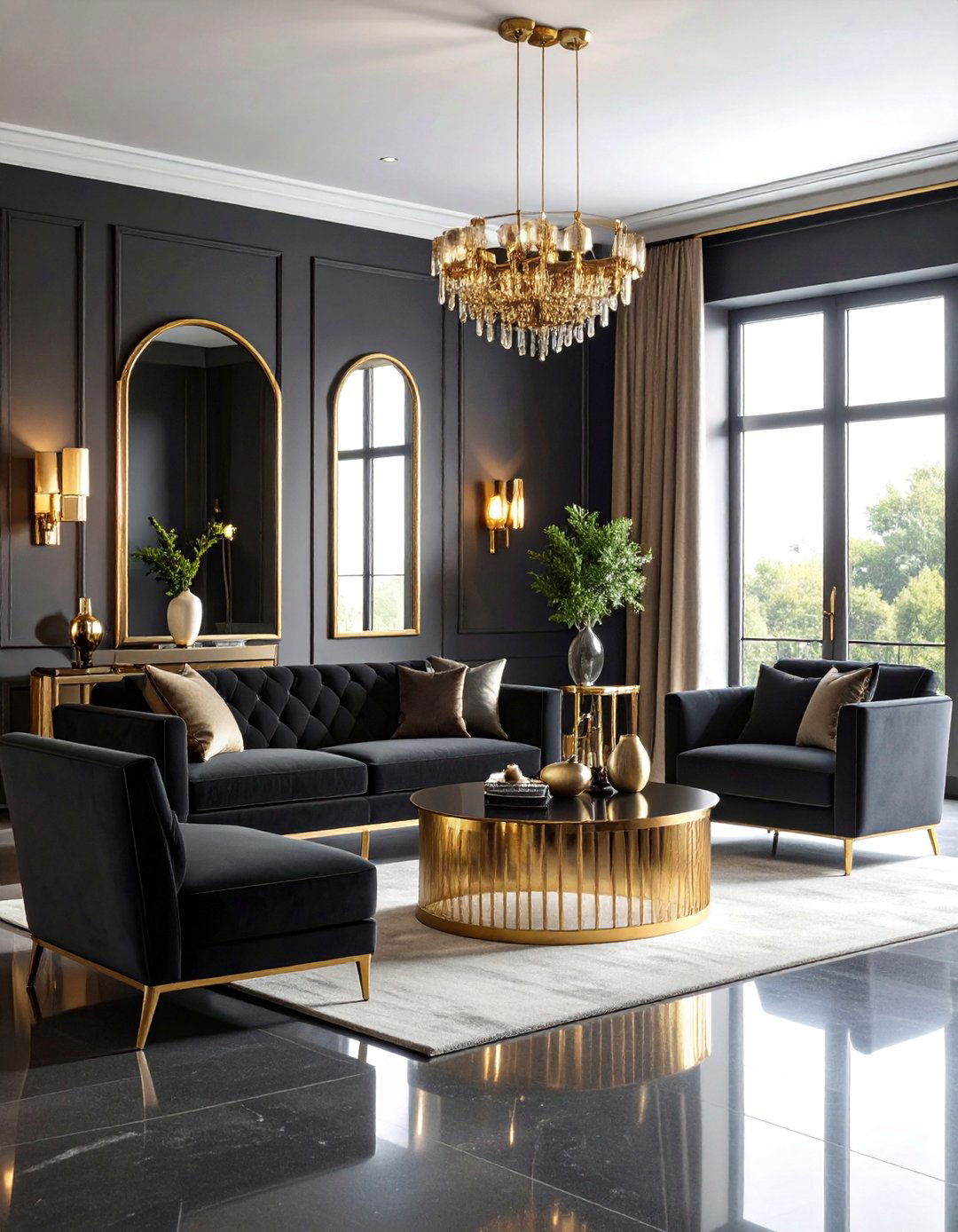 Black and Brass Living Room with Metallic Glamour - 25 Black Living Room Ideas