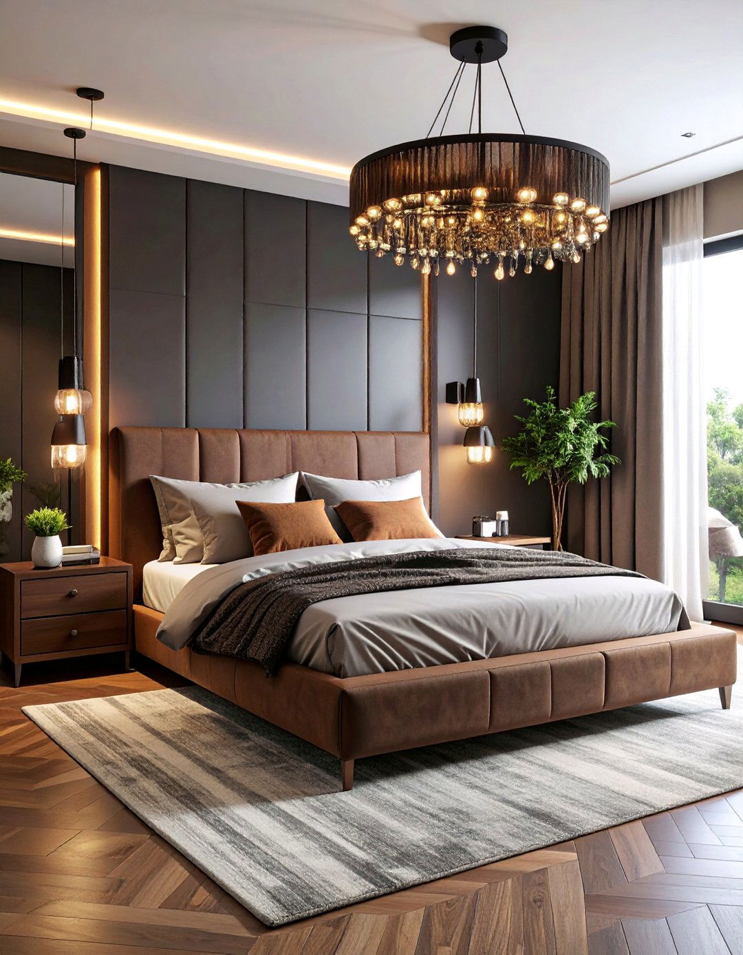 Black and Brown Bedroom with Statement Lighting Features - 25 Black and Brown Bedroom Ideas