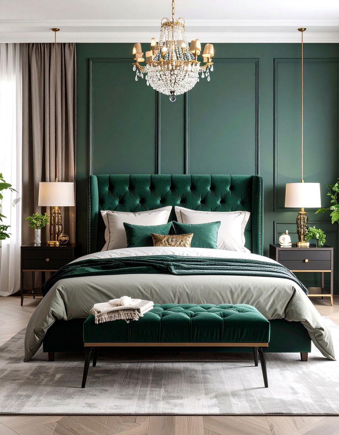 Black and Emerald Velvet Luxury Suite - 25 Black and Green Bedroom Design Ideas