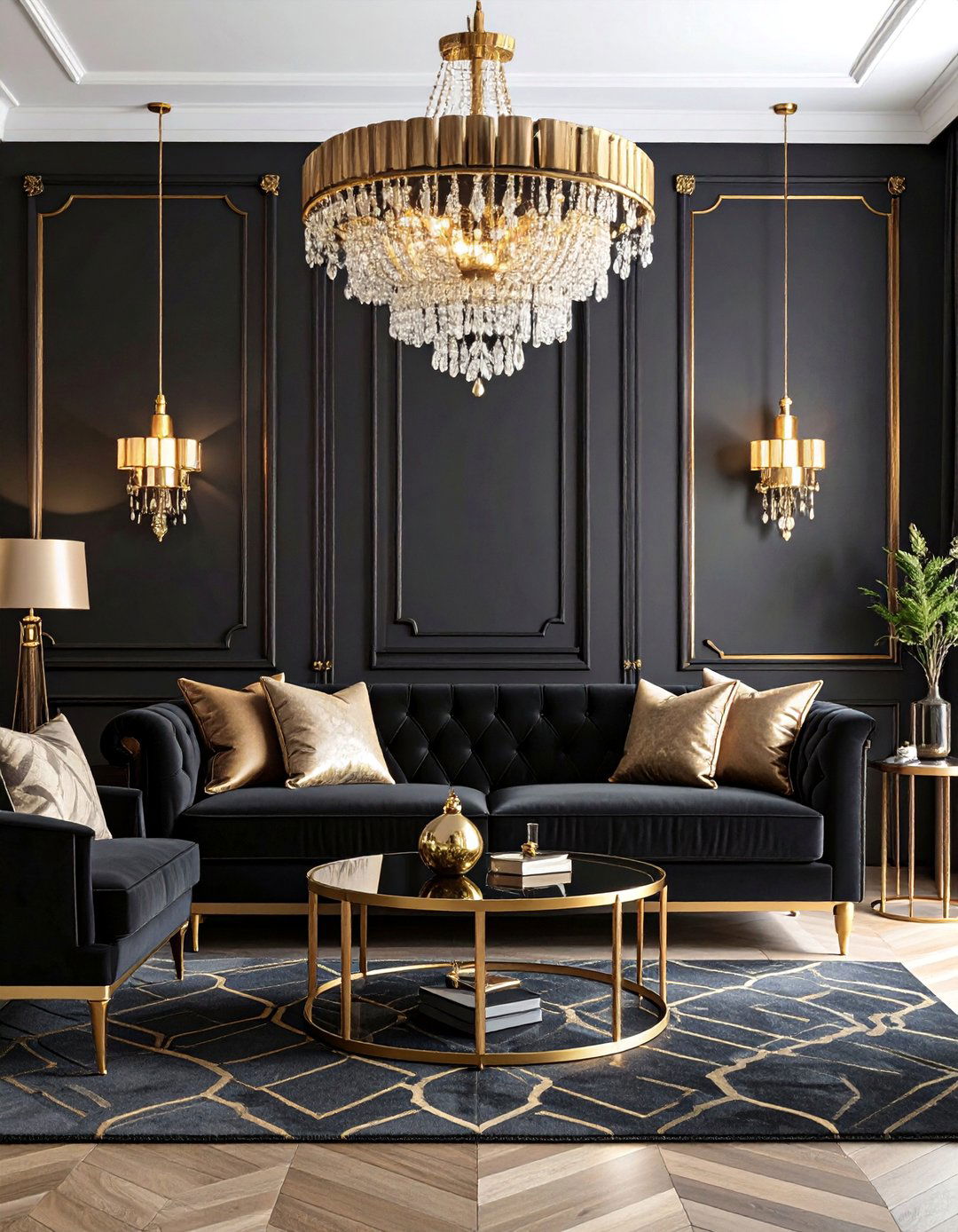 Black and Gold Art Deco Living Room - 25 Moody Living Room Ideas