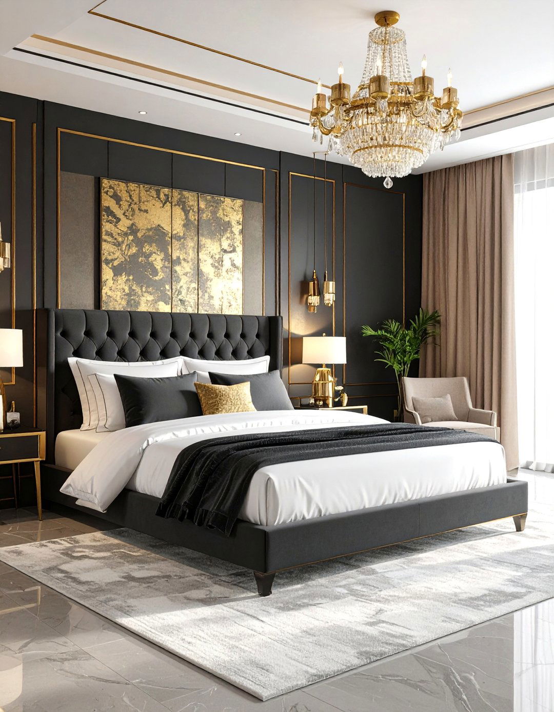 Black and Gold Bedroom with Metallic Wallpaper Accents - 25 Bedroom Accent Wall Ideas