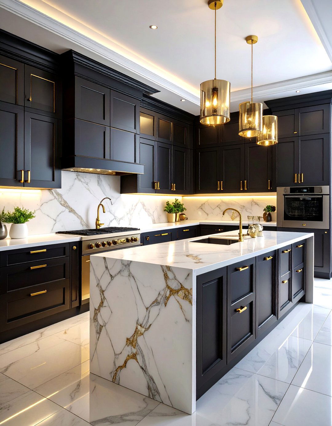 Black and Gold Glam Kitchen with High Gloss Finish - 25 kitchens with beautiful black cabinets