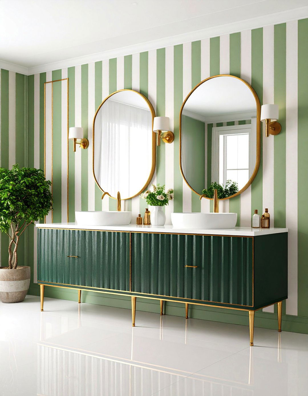 Black and Gold Striped Powder Room with Console Sink - 25 black and gold powder room ideas