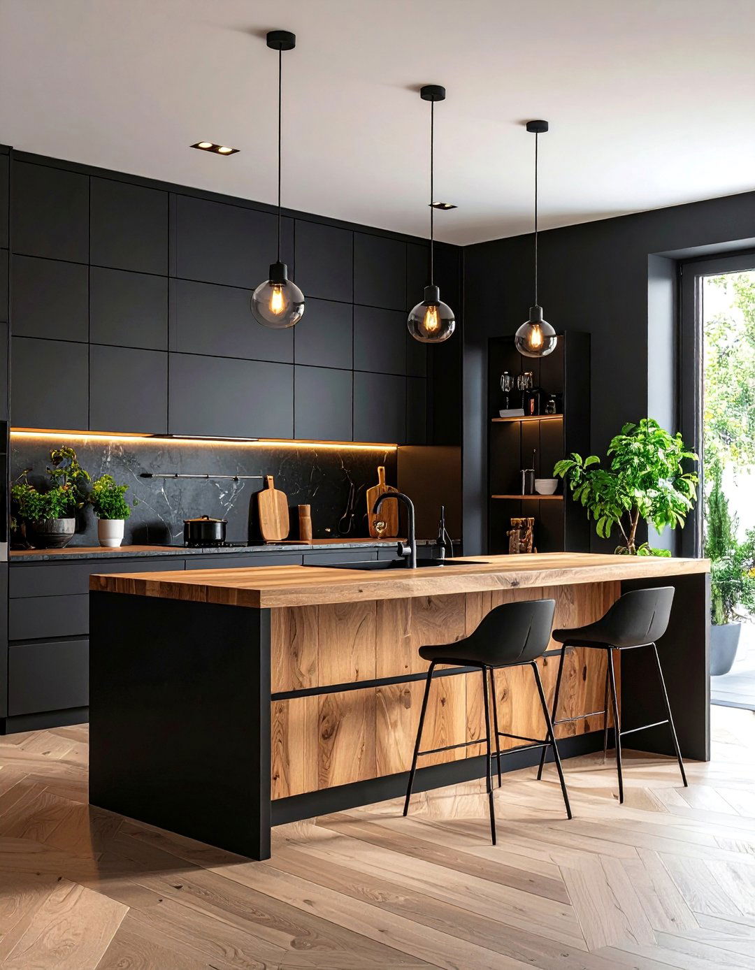 Black and Natural Wood Dramatic Kitchen - 25 Two Tone Kitchen Cabinet Ideas