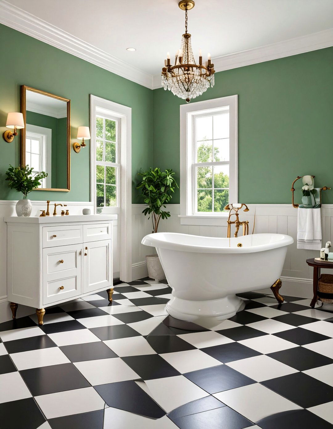 Black and White Checkered Floor with Green Walls - 25 black, white and green bathroom ideas