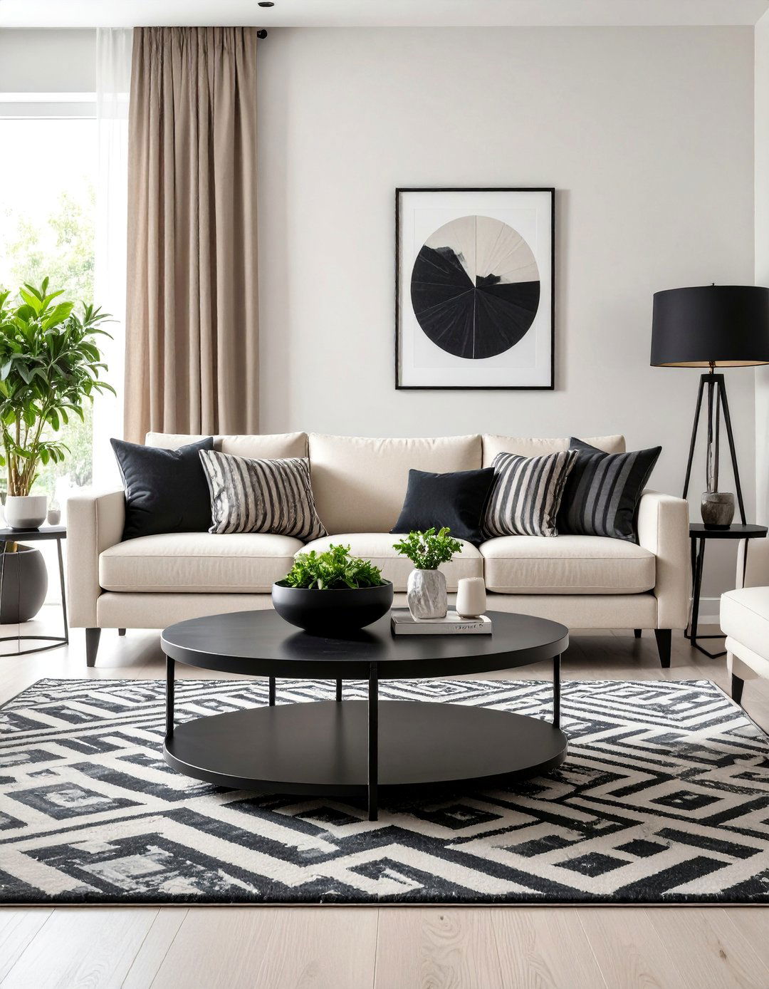 Black and White Contrast Beige Living Room with Dramatic Flair - 25 Beige Couch Living Room Ideas