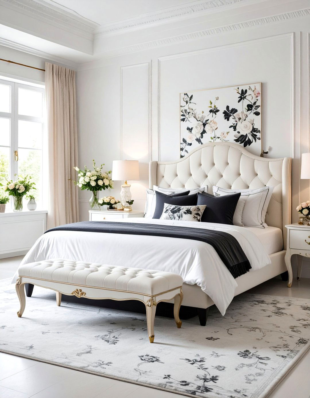 Black and White Floral Romantic Bedroom - 25 Black and White Bedroom Ideas