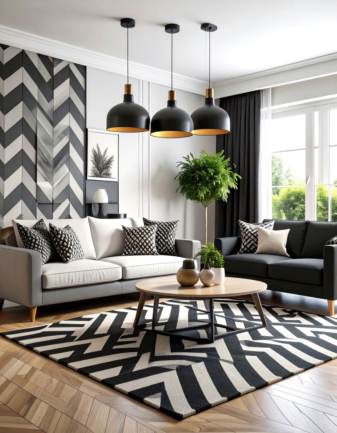 Black and White Geometric Living Room - 25 Black Living Room Ideas