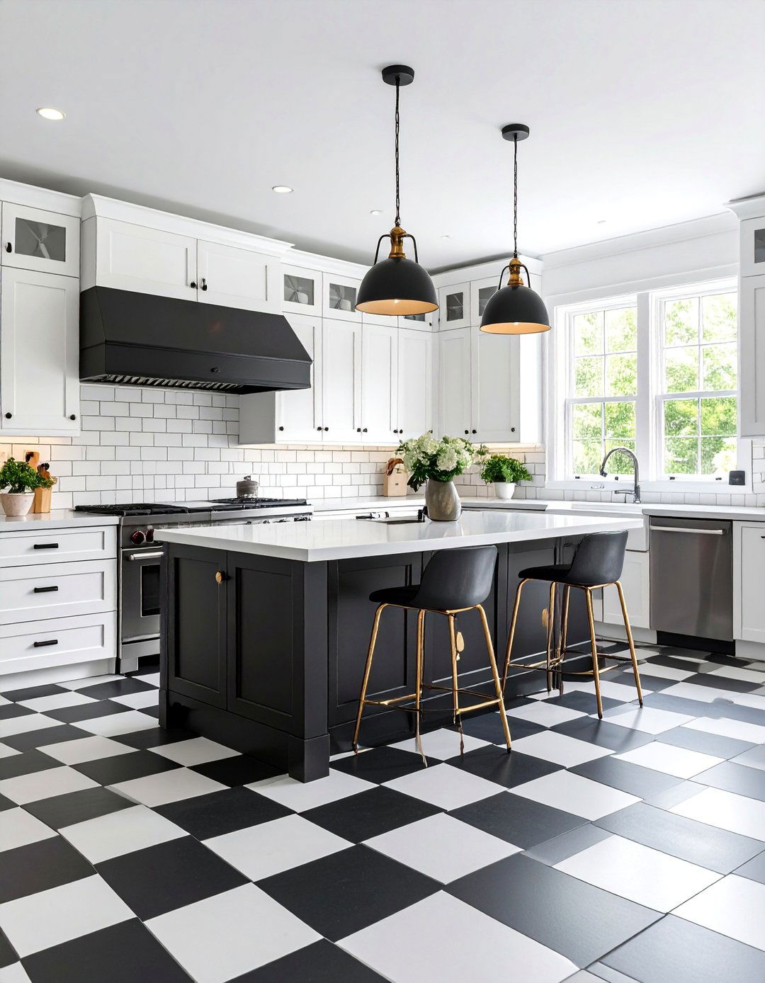 Black and White Kitchen with Checkerboard Flooring - 25 Black Room Ideas