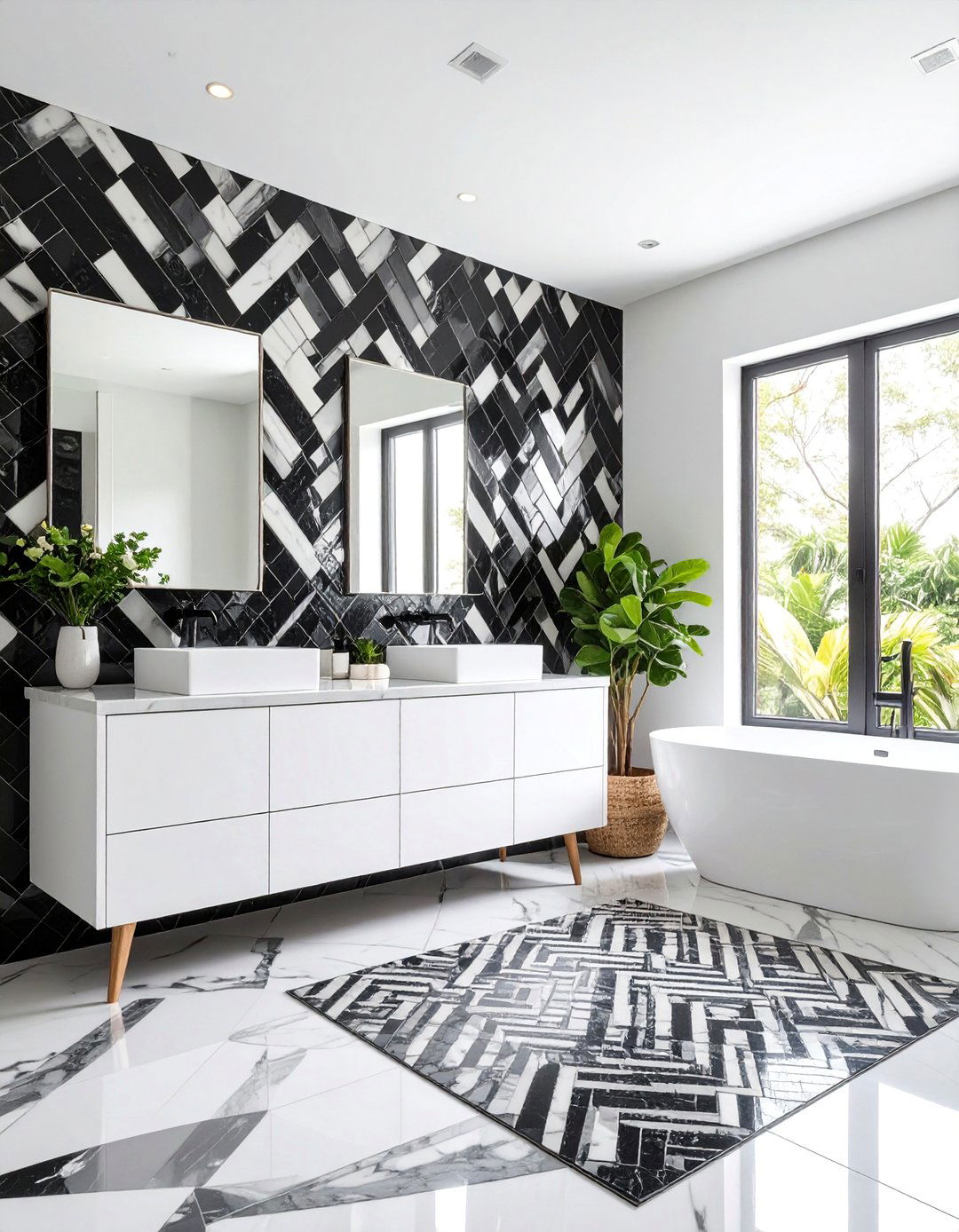 Black and White Marble Mosaic Feature Wall - 25 Black and White Powder Room Ideas