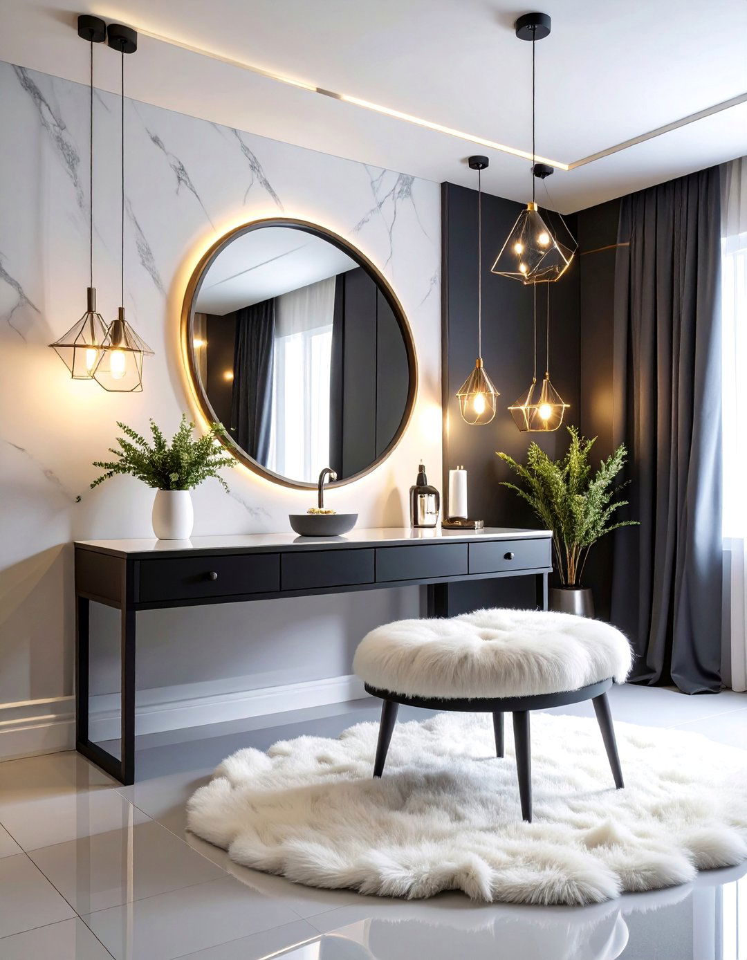 Black and White Modern Vanity with Geometric Elements - 25 Vanity Room Ideas