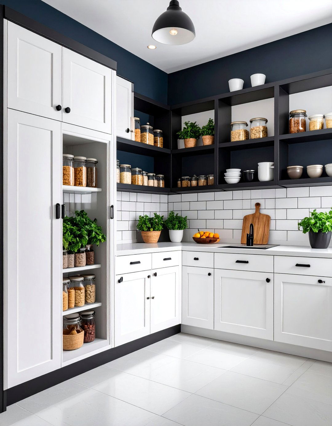 Black and White Pantry with Subway Tiles - 25 Kitchen Pantry Ideas