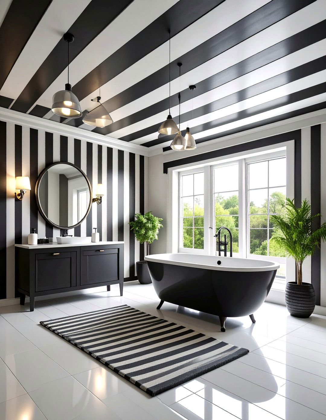 Black and White Striped Ceiling Design - 25 Black and White Powder Room Ideas