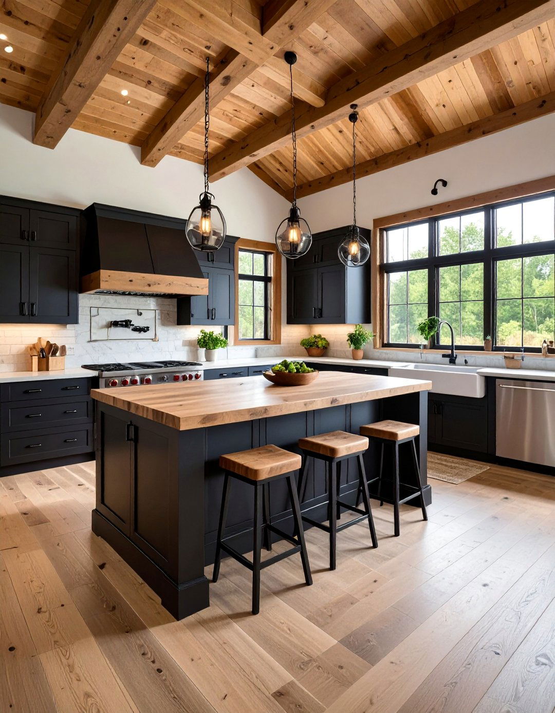 Black and Wood Barndominium Kitchen with Contrasting Elements - 25 Barndominium Kitchen Ideas