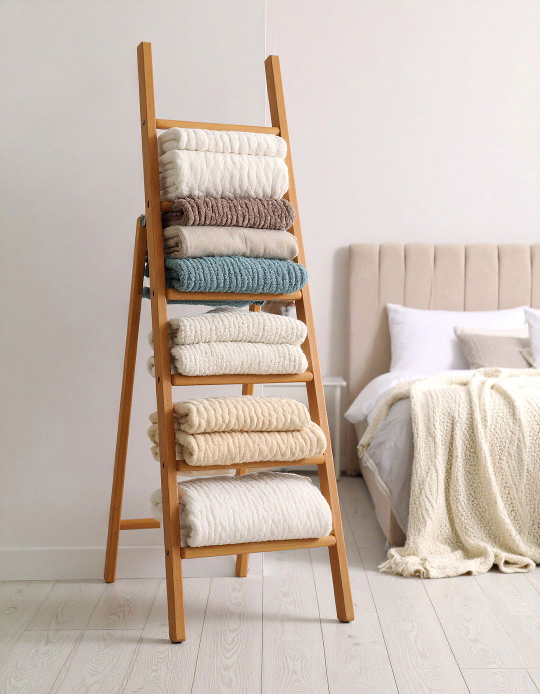 Blanket Ladder with Multiple Rungs - 25 Bedding Storage Ideas