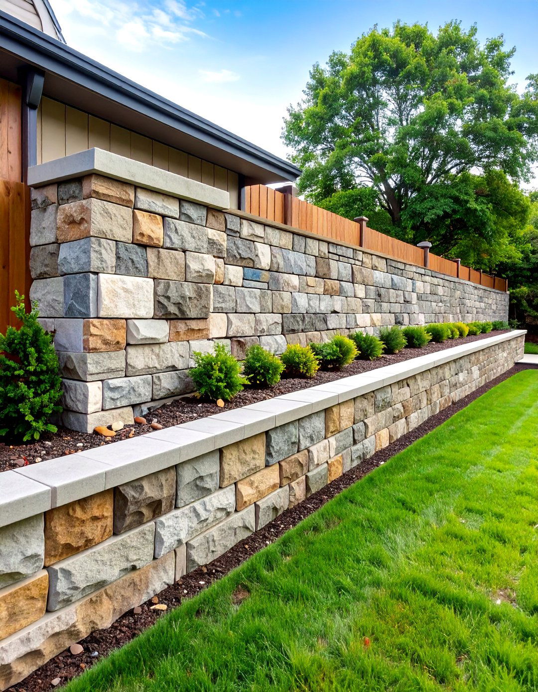 Block Retaining Wall with Decorative Veneer Cladding - 25 Retaining Wall Ideas for Sloped Backyard
