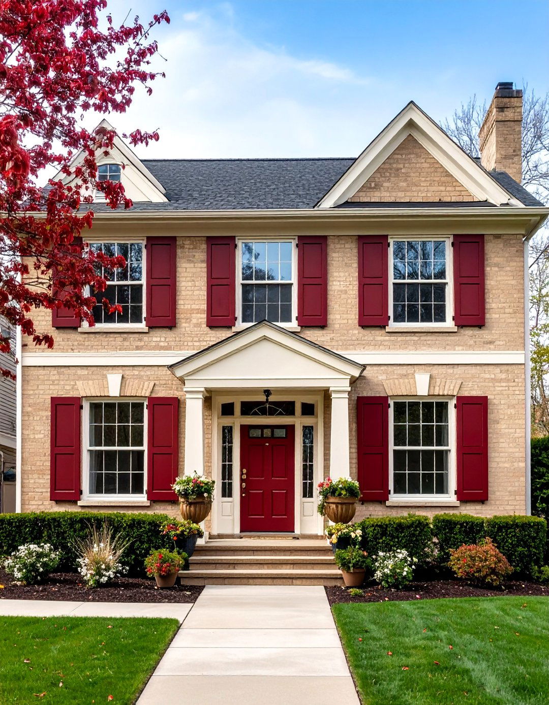 Blonde Brick with Burgundy Red Accents - 25 Blonde Brick House Color Schemes