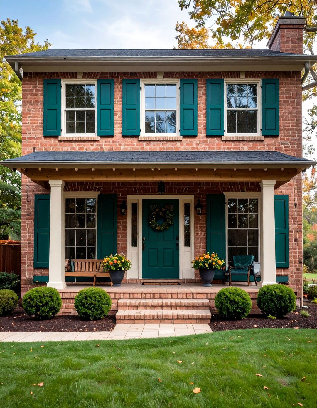 Blonde Brick with Forest Green Details - 25 Blonde Brick House Color Schemes