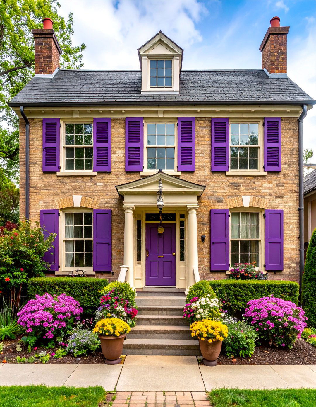 Blonde Brick with Plum Purple Accents - 25 Blonde Brick House Color Schemes