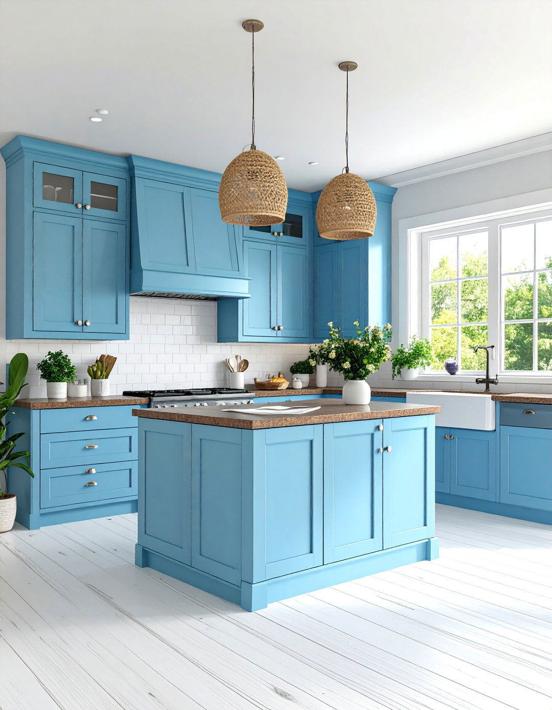 Blue Beadboard Cabinets with Coffee Brown Granite