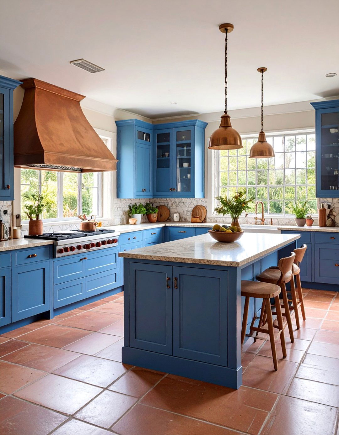 Blue Cabinet Kitchen with Copper Range Hood and Accessories - 25 Blue French Country Kitchen Ideas