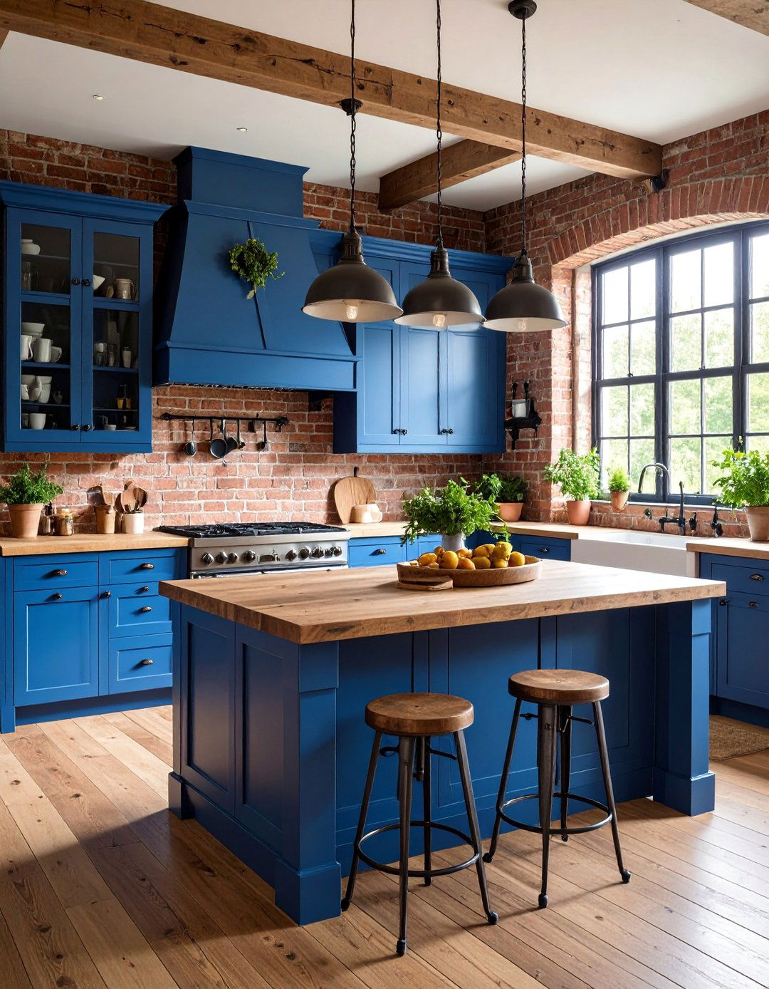 Blue Cabinet Kitchen with Exposed Brick Wall Feature - 25 Blue French Country Kitchen Ideas