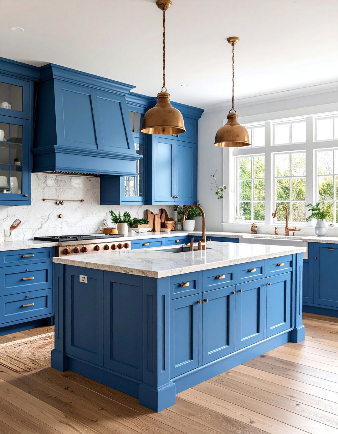 Blue Cabinet Kitchen with Limestone Countertops and Backsplash - 25 Blue French Country Kitchen Ideas