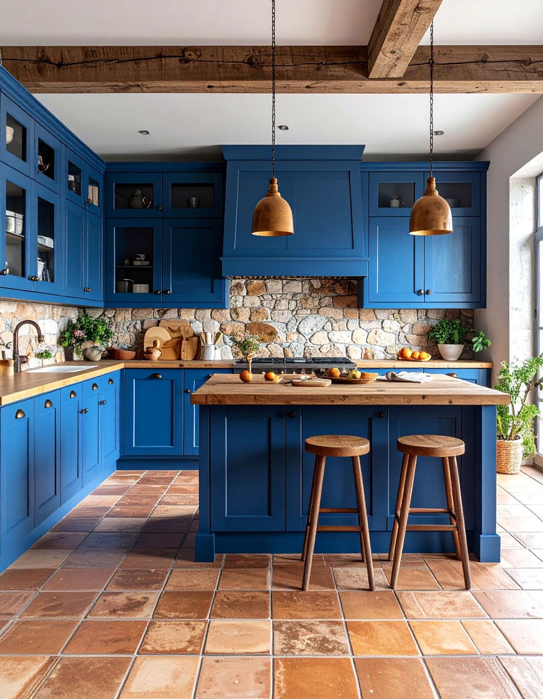 Blue Cabinet Kitchen with Natural Stone Accent Wall - 25 Blue French Country Kitchen Ideas