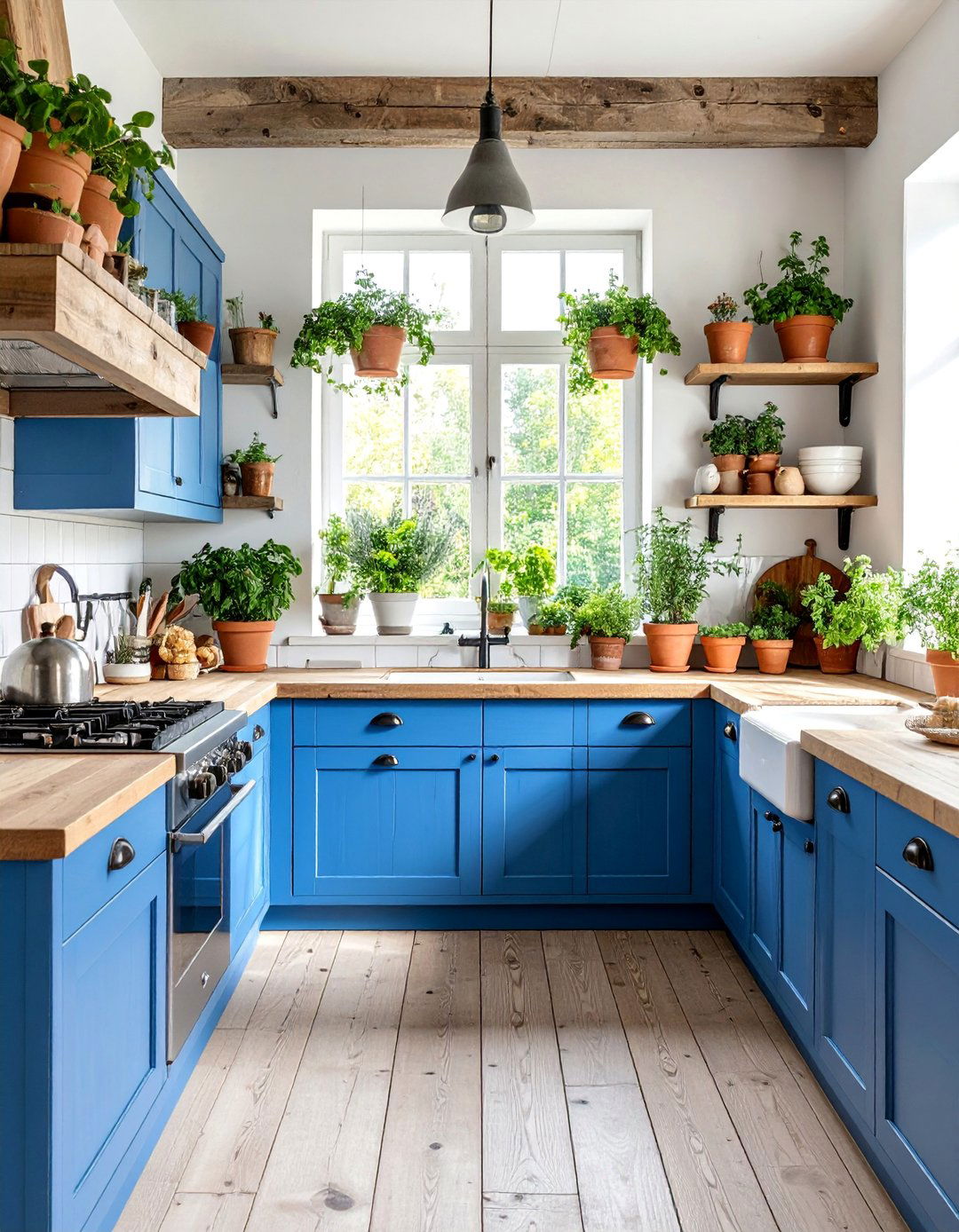 Blue Cabinet Kitchen with Provencal Herb Garden Window Display - 25 Blue French Country Kitchen Ideas