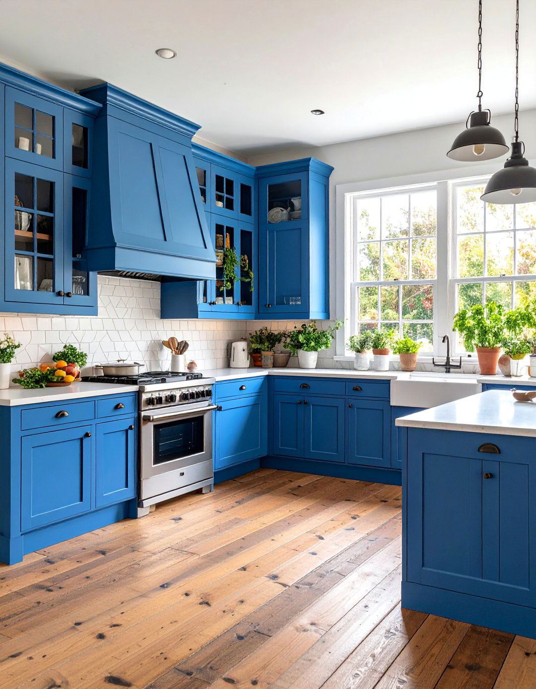 Blue Cabinet Kitchen with Vintage Window Frame Display Shelving - 25 Blue French Country Kitchen Ideas