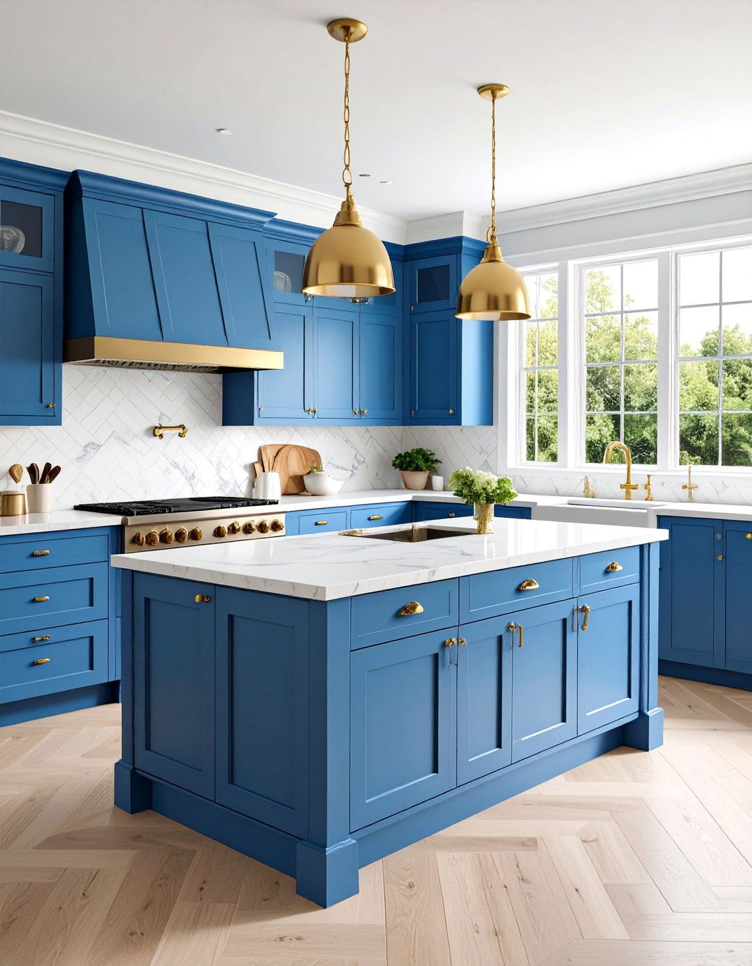 Blue Cabinet Kitchen with White Marble Subway Tile Backsplash - 25 Blue French Country Kitchen Ideas