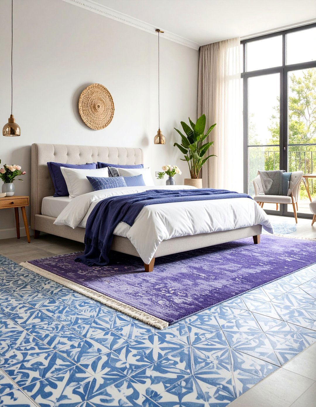 Blue Cement Tile Flooring with Purple Area Rug Layering - 25 Blue and Purple Bedroom Ideas