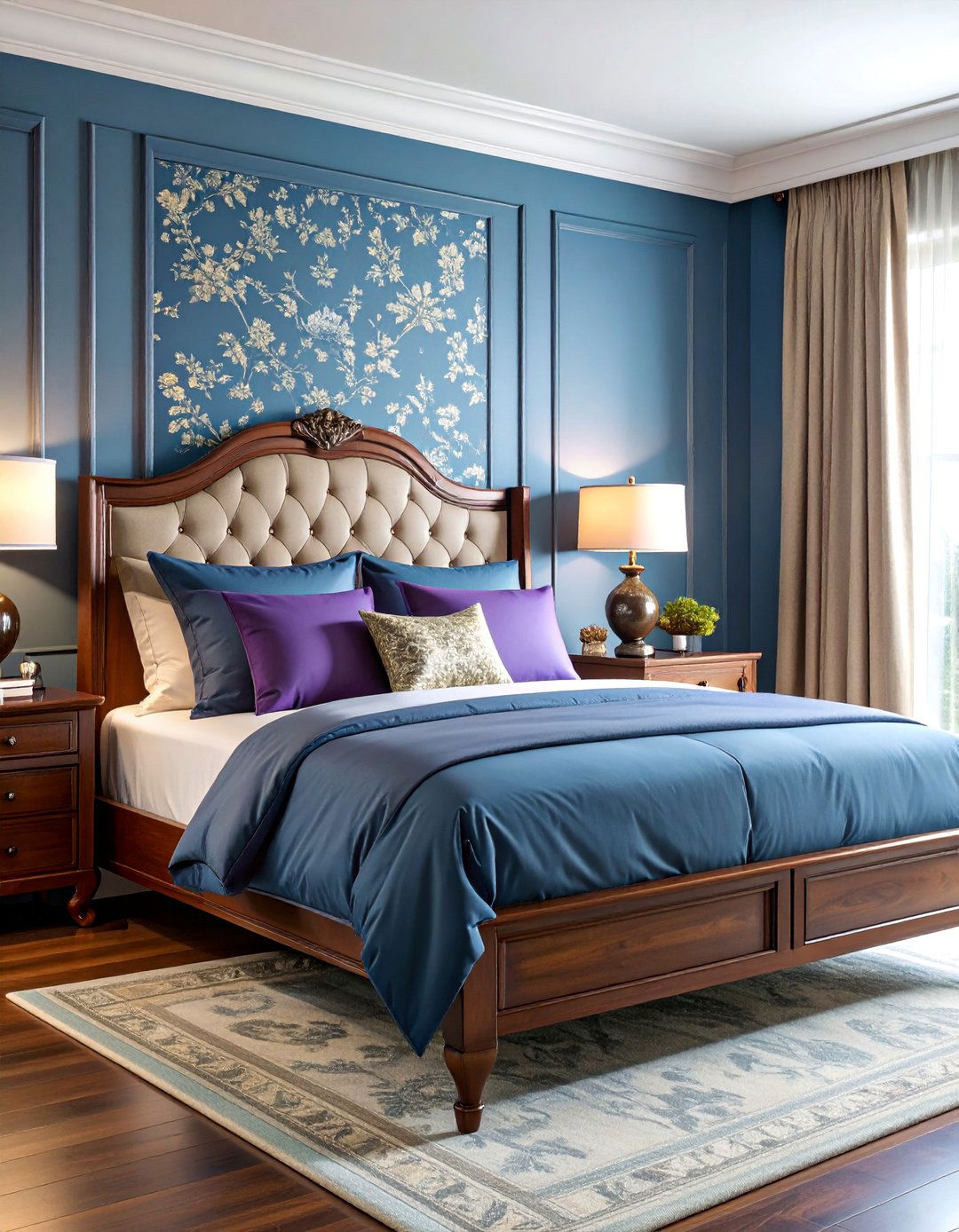 Blue Chinoiserie Wallpaper with Purple Silk Accents - 25 Blue and Purple Bedroom Ideas