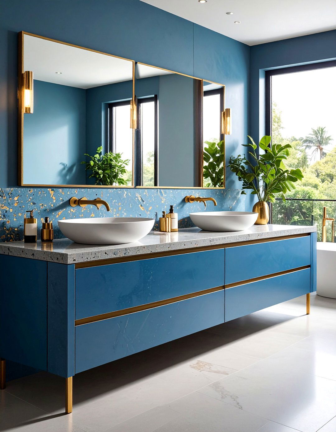 Blue Concrete Countertops with Gold Aggregate - 25 Blue and Gold Bathroom Ideas