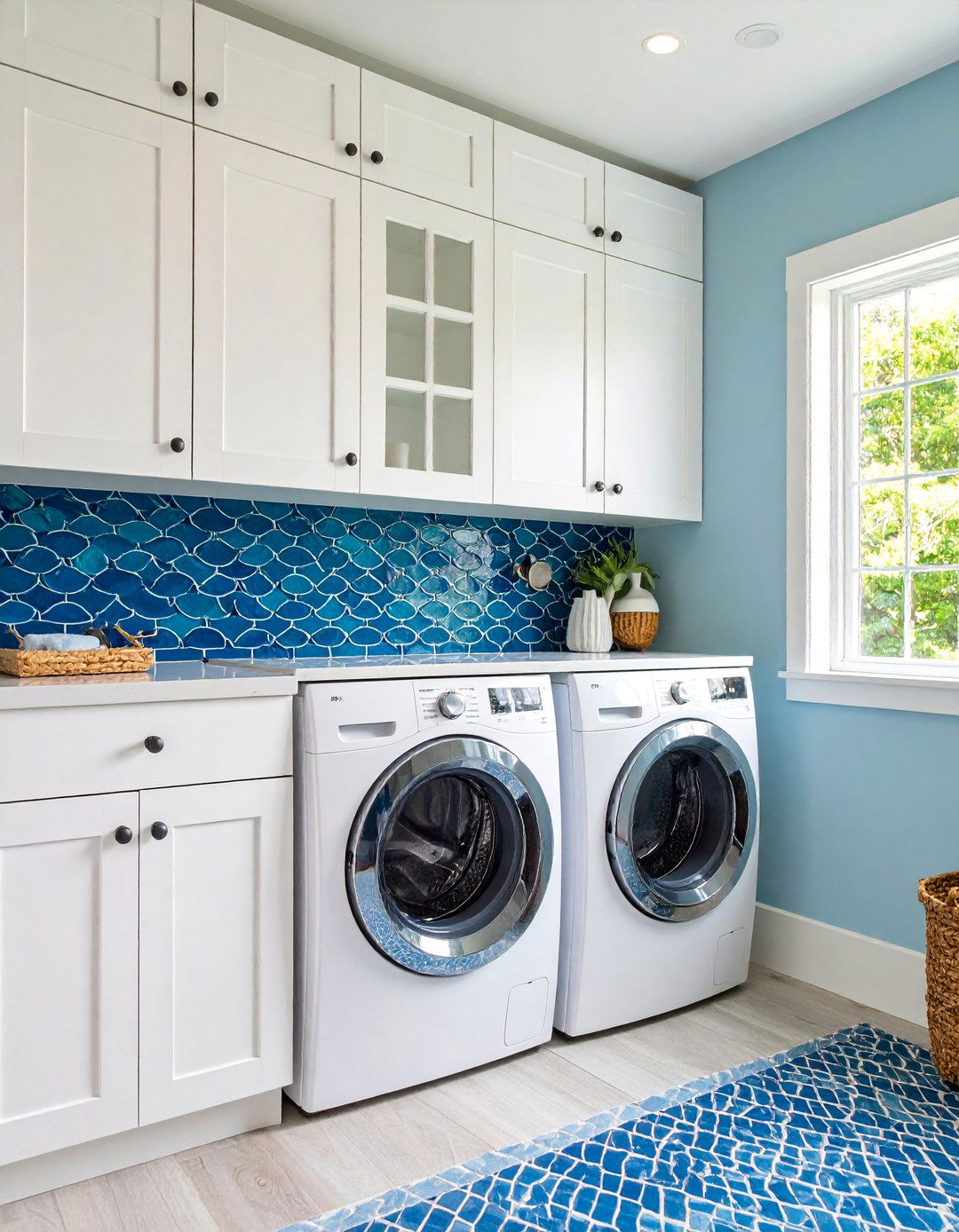 Blue Fish Scale Tile Backsplash - 25 Blue Laundry Room Ideas