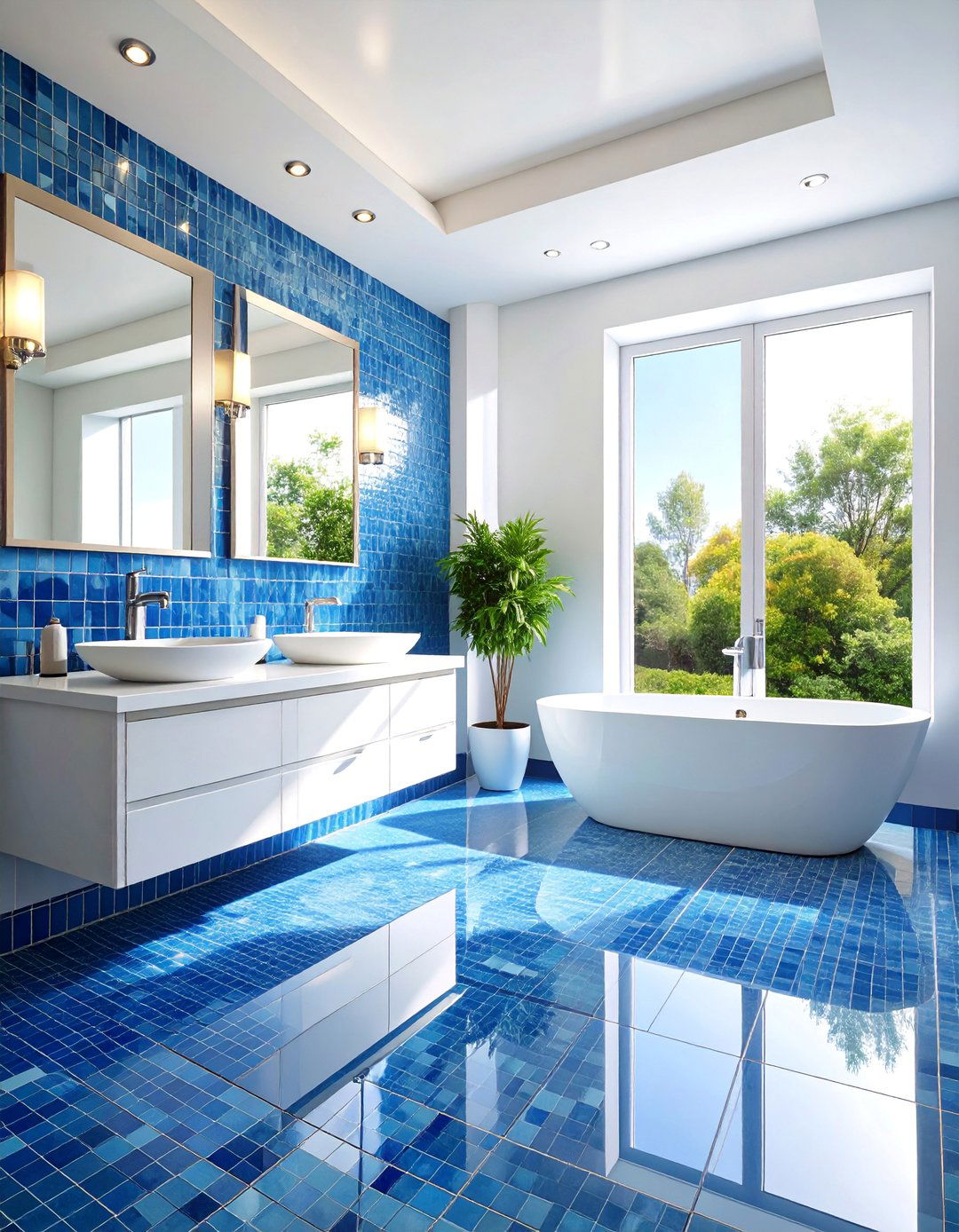 Blue Glass Mosaic with Black Border - 25 black and blue bathroom ideas