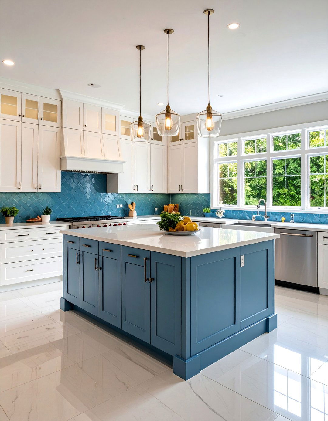 Blue Glass Tile Backsplash with White Kitchen Cabinets - 25 Blue and White Kitchen Ideas