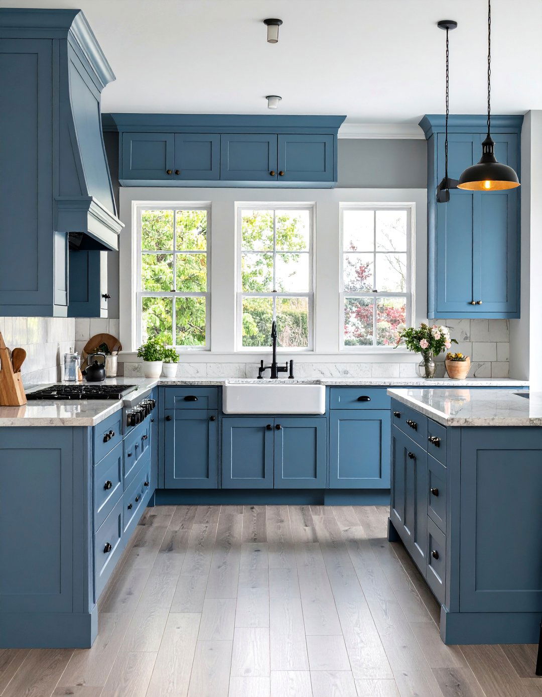 Blue Gray Cabinet Kitchen with Stone Farmhouse Sink - 25 Blue French Country Kitchen Ideas