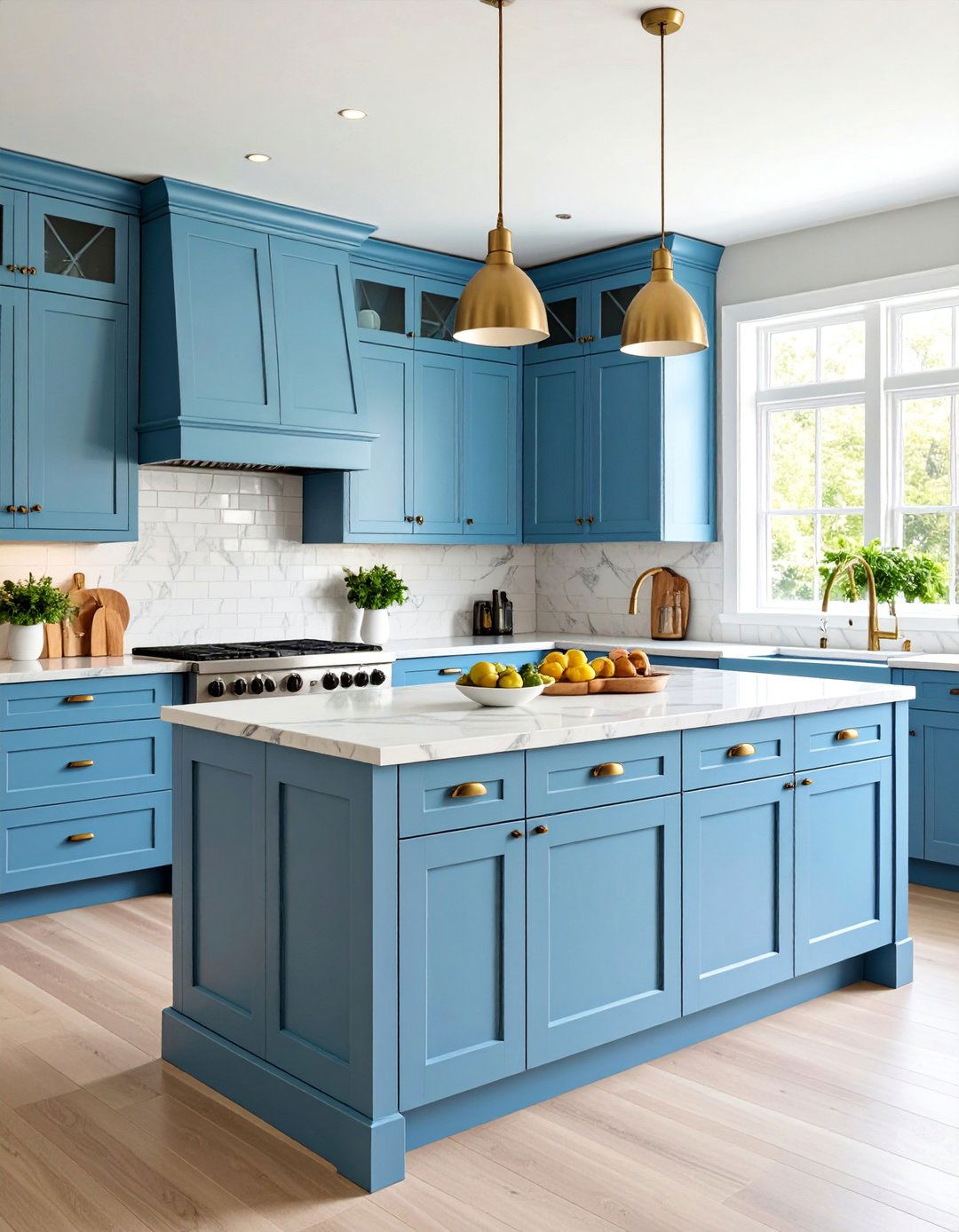 Blue Gray Kitchen Cabinets with Marble Countertops