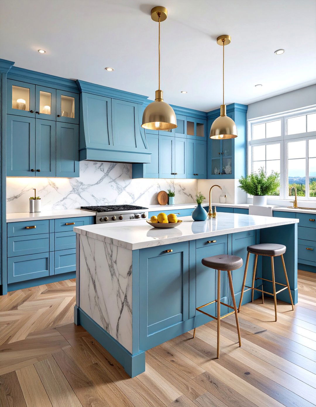 Blue Gray Kitchen with Marble Veining and Chrome Fixtures - 25 Gray Kitchens