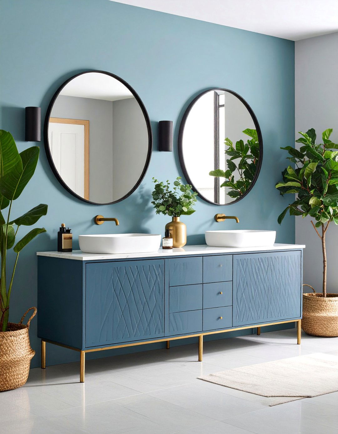 Blue Gray Vanity with Black Mirror - 25 black and blue bathroom ideas