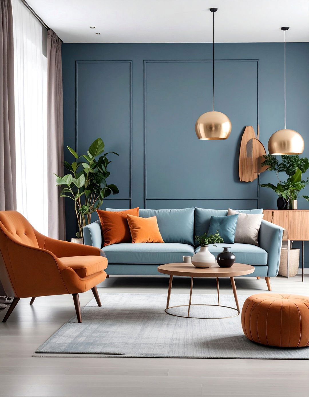 Blue Gray and Rust Orange Contemporary Neutral Balance - 25 orange and blue living room ideas