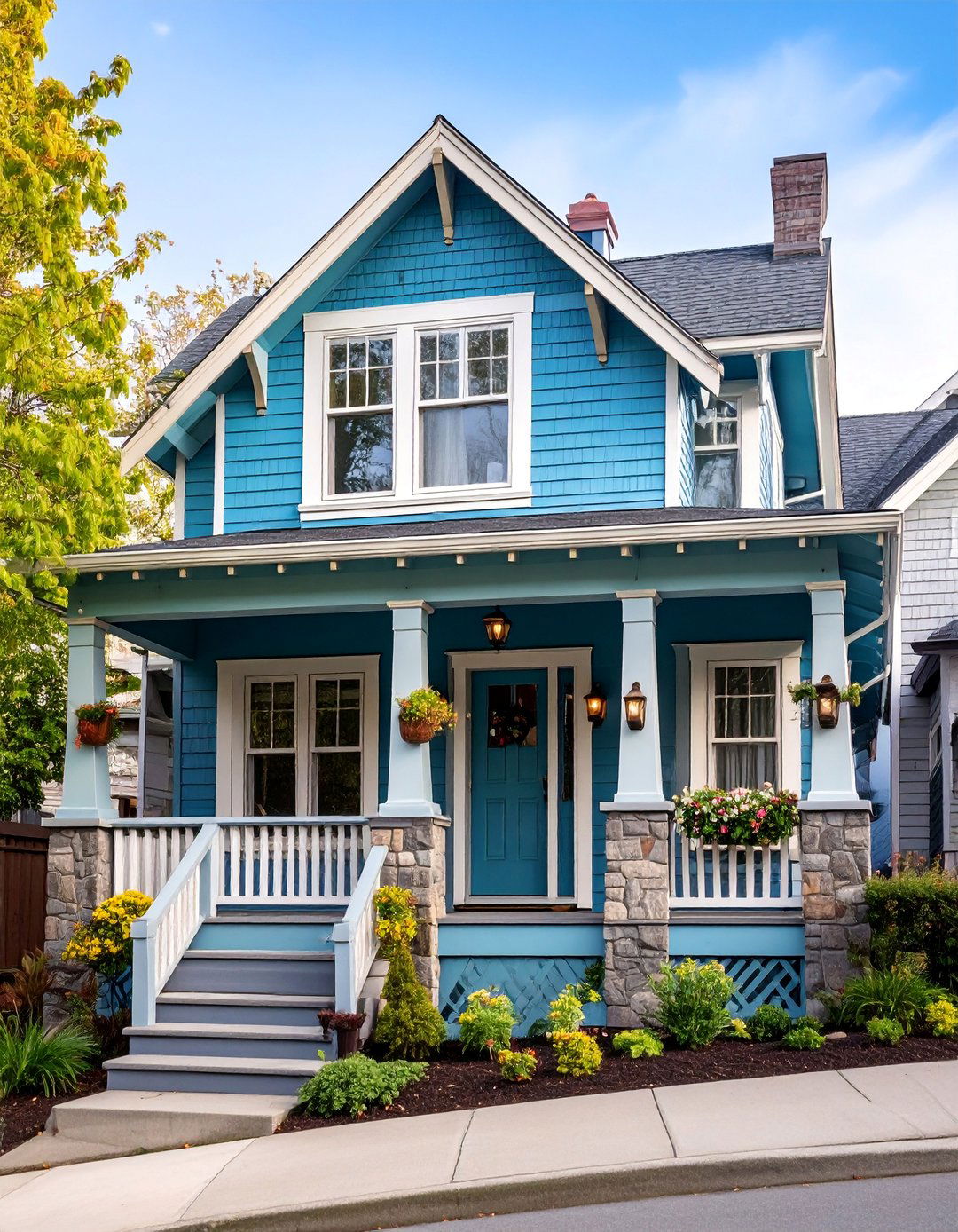 Blue Green Craftsman with Natural Wood Trim - 25 Green Exterior House Paint Ideas