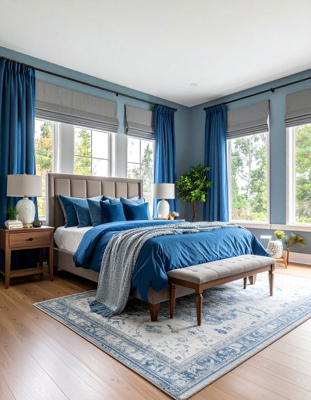 Blue Grey Bedroom with Layered Window Treatments - 25 Blue and Grey Bedroom Ideas