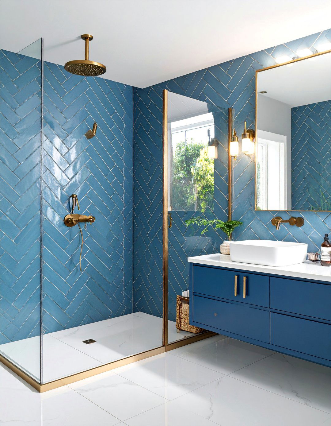 Blue Herringbone Pattern Shower Surrounds - 25 Blue Tile Bathroom Ideas