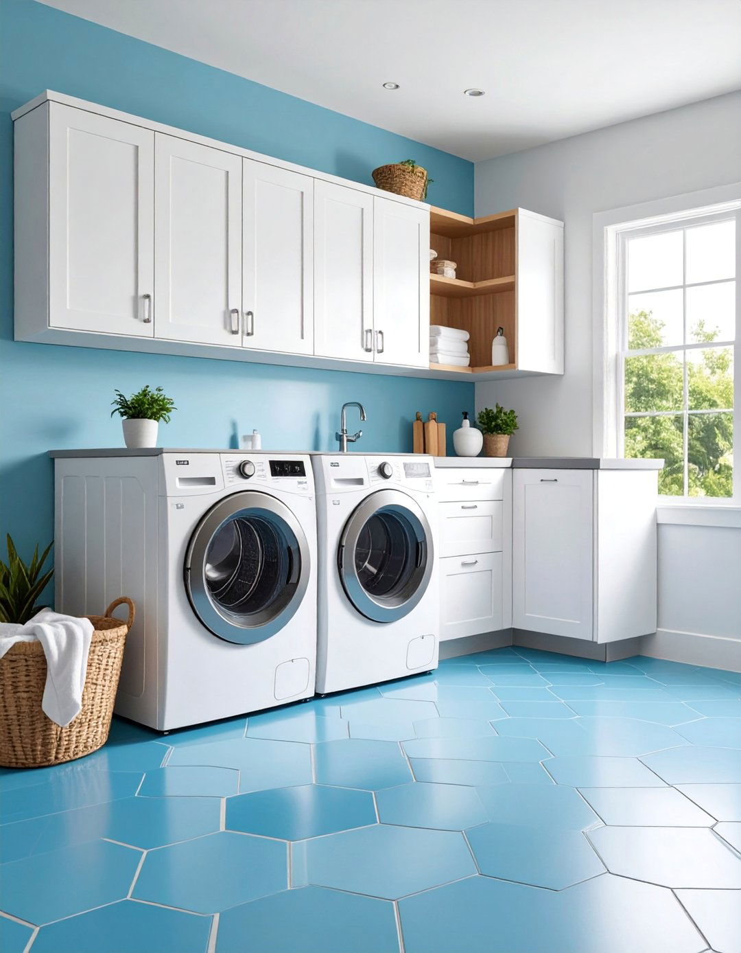 Blue Hex Floor Tiles with White Cabinets - 25 Blue Laundry Room Ideas