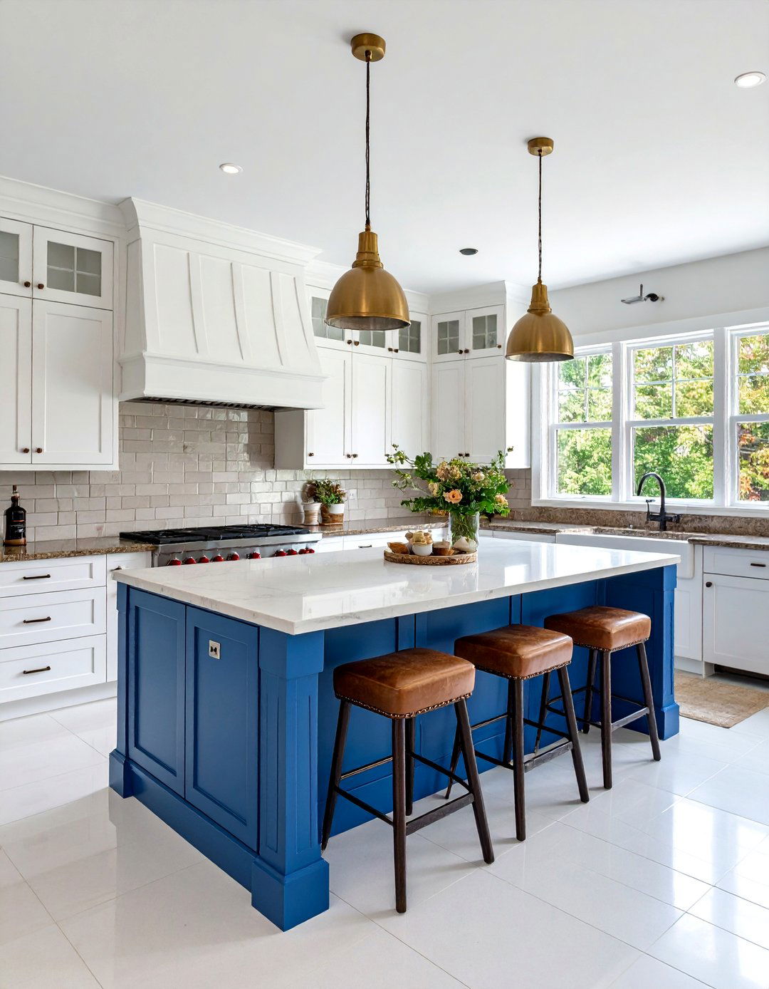 Blue Kitchen Island with Butcher Block and Brown Granite Perimeter - 25 blue kitchen cabinets with brown granite countertops